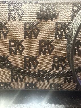 DKNY Beige Canvas Monogram Shoulder Bag with Black Trim